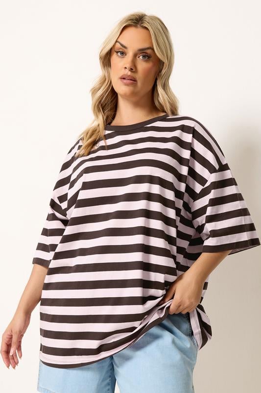  YOURS Curve Chocolate Brown & Pink Boxy T-Shirt