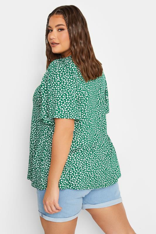 YOURS Plus Size Green Floral Pleat Angel Sleeve Swing Top | Yours Clothing 3