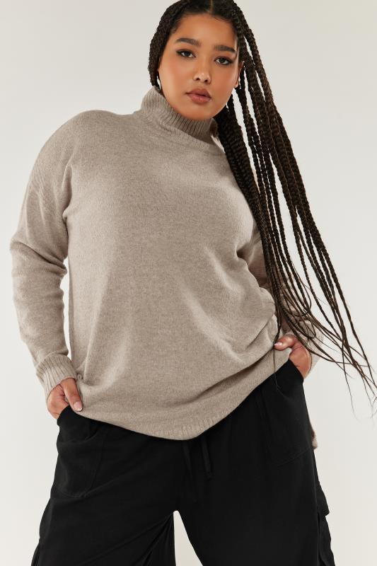 YOURS Plus Size Beige Brown High Neck Knitted Jumper | Yours Clothing 2