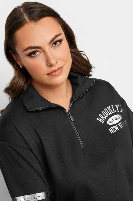 YOURS Plus Size Black 'Brooklyn' Varsity Half Zip Sweatshirt | Yours Clothing 4