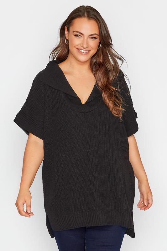 Plus Size Curve Black Open Collar Knitted Vest | Yours Clothing 1
