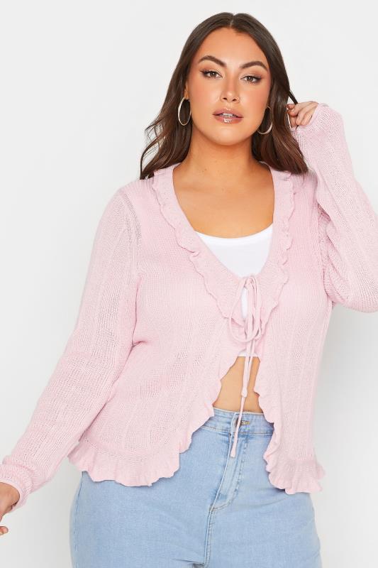 Plus Size  YOURS Curve Pink Frill Tie Cardigan