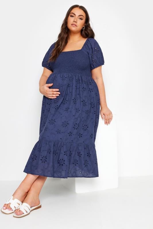  Tallas Grandes BUMP IT UP MATERNITY Curve Navy Blue Broderie Anglaise Midi Dress
