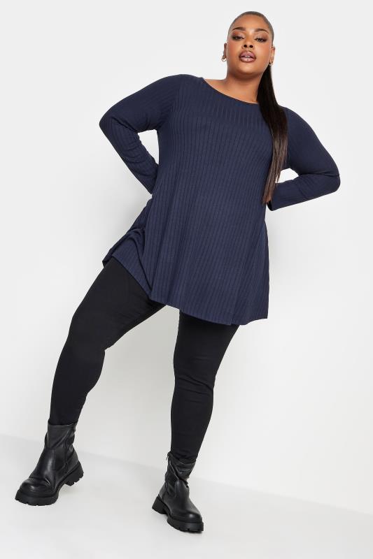 YOURS Plus Size Navy Blue Long Sleeve Ribbed Swing Top | Yours Clothing 2