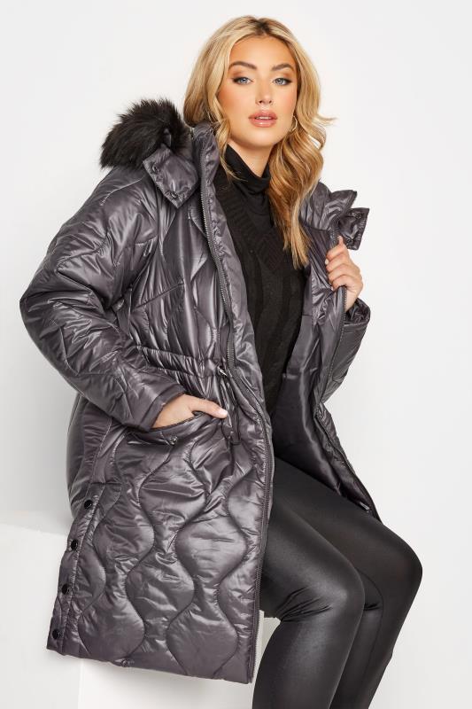 Plus Size  Curve Grey Quilted High Shine Puffer Coat