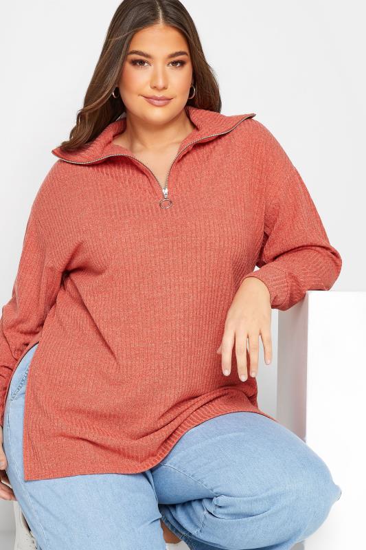 YOURS Plus Size Curve Light Orange Ribbed Half Zip Jumper | Yours Clothing  4