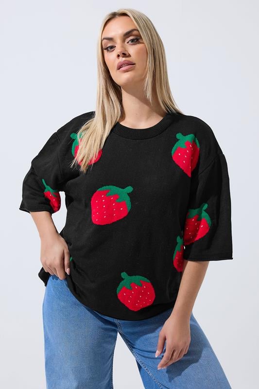 LIMITED COLLECTION Plus Size Black Strawberry Knitted Boxy Top | Yours Clothing 1