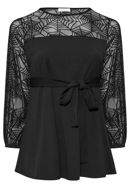 YOURS LONDON Plus Size Black Flocked Halloween Cobweb Peplum Top | Yours Clothing 6