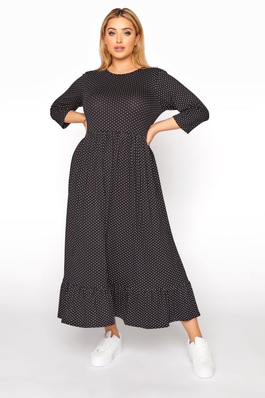 Plus Size LIMITED COLLECTION Black Polka Dot Smock Midaxi Dress | Yours Clothing 1