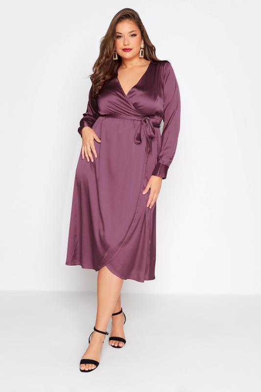 LIMITED COLLECTION Plus Size Dark Purple Satin Wrap Dress | Yours Clothing 2