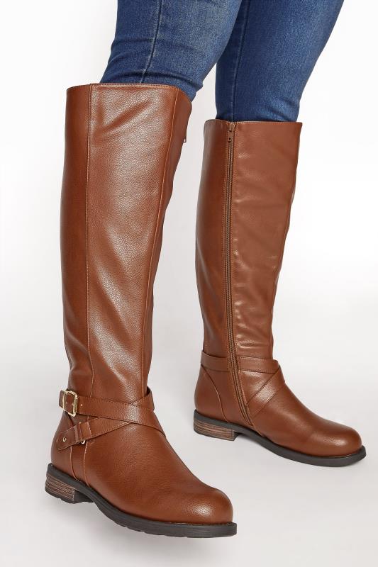 Brown Faux Leather Buckle Knee High Boots In Extra Wide Fit 1