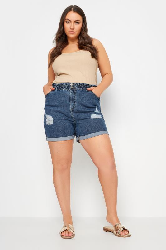 YOURS Plus Size Mid Wash Blue Ripped Stretch Denim Shorts | Yours Clothing 2