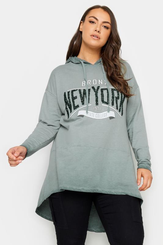 YOURS Plus Size Grey 'New York' Slogan Acid Wash Hoodie | Yours Clothing 1