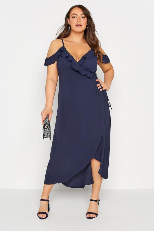 Plus Size  YOURS LONDON Curve Navy Blue Ruffle Wrap Maxi Dress