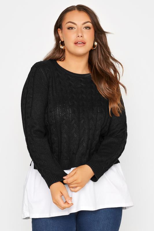 Plus Size Curve Black 2 In 1 Poplin Hem Cable Knitted Jumper | Yours Clothing 1
