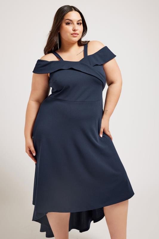YOURS LONDON Plus Size Navy Blue Bardot Dipped Hem Dress | Yours Clothing 1
