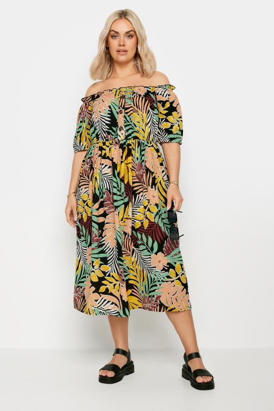 YOURS Plus Size Black Tropical Print Bardot Midaxi Dress | Yours Clothing 3