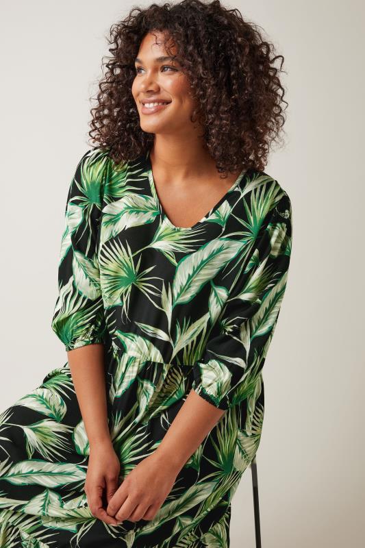 EVANS Plus Size Green Palm Print Tiered Midi Dress | Evans 4
