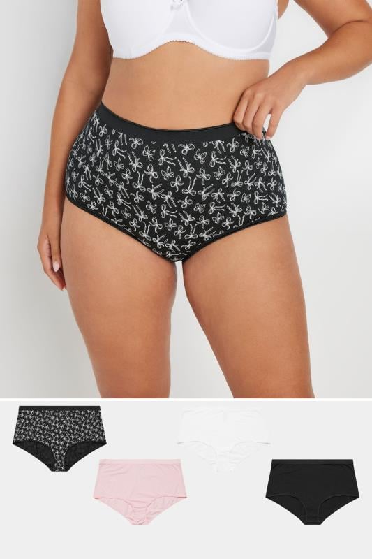 YOURS Plus Size 5 PACK Black & Pink Bow Print Full Briefs | Yours Curve  1