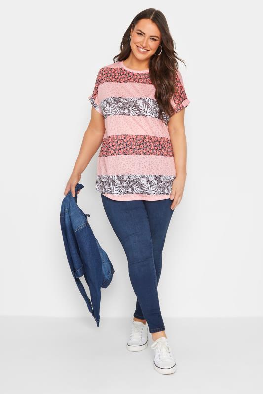 YOURS Curve Plus Size Pink Mixed Print Colour Block T-Shirt | Yours Clothing  2