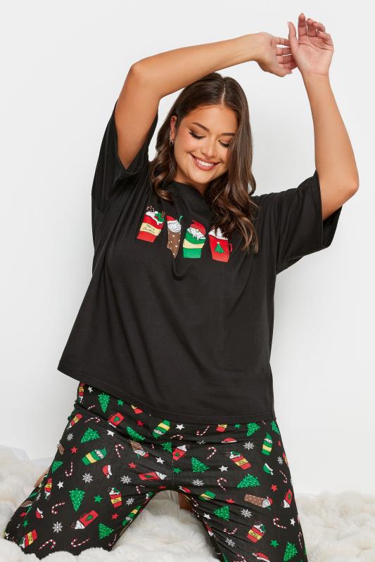 LIMITED COLLECTION Curve Plus Size Black Christmas Drink Print Pyjama Top | Yours Clothing  4
