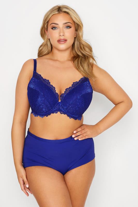 Blue Lace Padded Underwired Plunge Bra | Yours Clothing 2