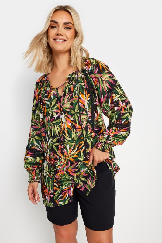 YOURS Plus Size Black Tropical Print Tie Front Crochet Top | Yours Clothing 1