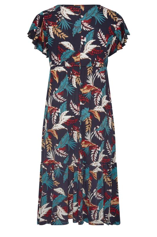 YOURS Plus Size Navy Blue Leaf Print Frill Sleeve Wrap Maxi Dress | Yours Clothing 7