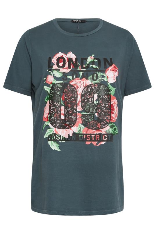 YOURS Plus Size Grey Acid Wash 'London' Rose Print T-Shirt | Yours Clothing 6