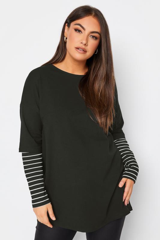  YOURS Curve Black Stripe Sleeve Double Layer T-Shirt