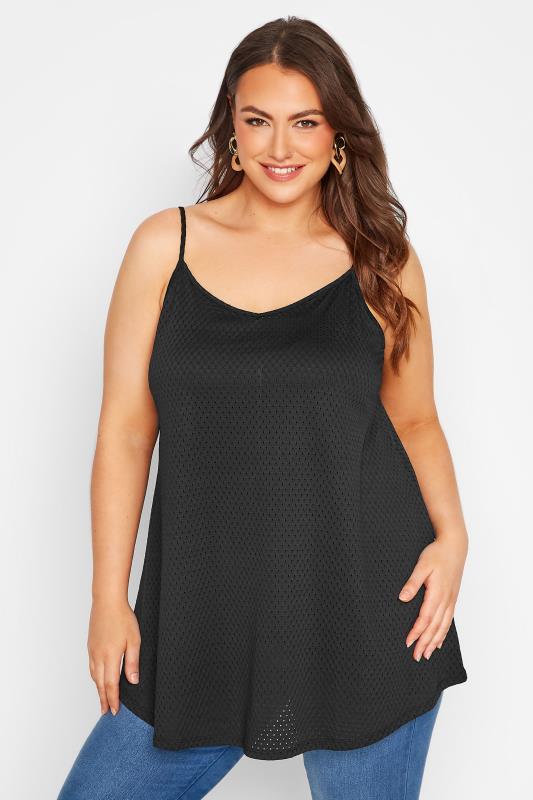 Plus Size Black Pointelle Strappy Vest | Yours Clothing 1