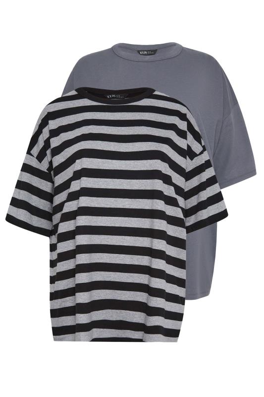 YOURS Plus Size 2 PACK Grey & Grey Stripe Oversized Boxy T-Shirt | Yours Clothing 8