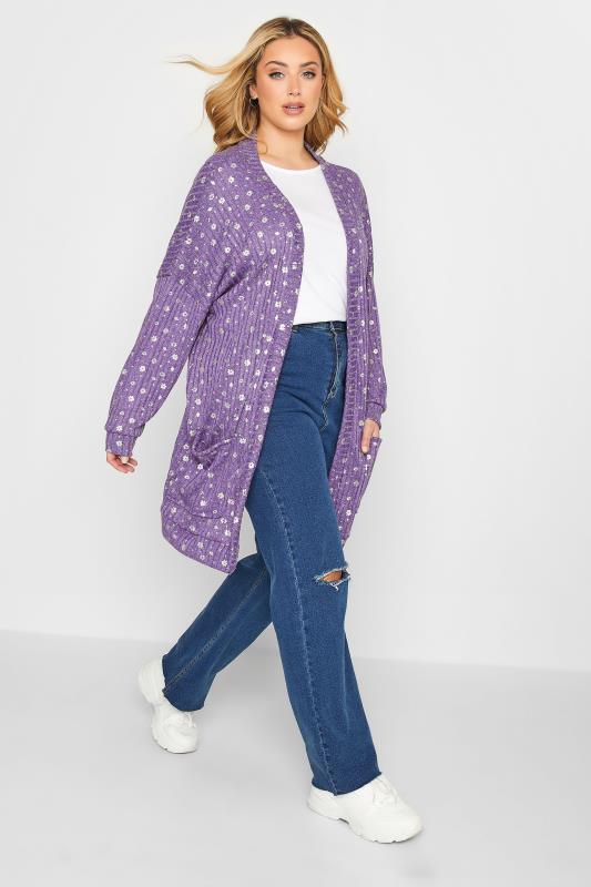 Plus Size Purple Foil Floral Print Cardigan | Yours Clothing 2