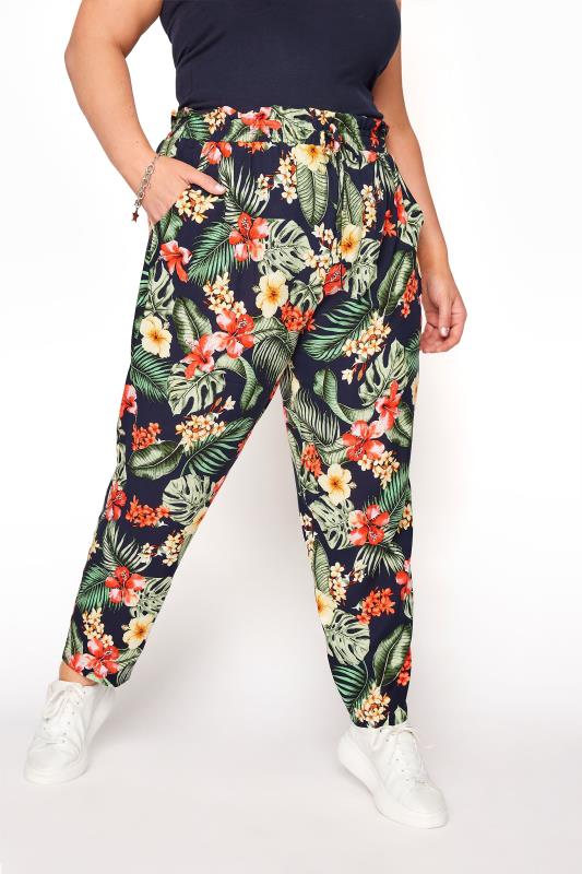 Plus Size  YOURS LONDON Black Tropical Tapered Harem Trousers