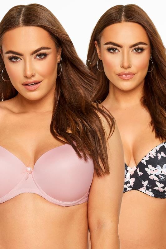 Plus Size Multipack Bras 2 PACK Pink & Black Butterfly Print Moulded T-Shirt Bra - Available In Sizes 38DD - 48G