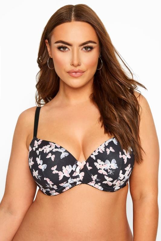 2 PACK Pink & Black Butterfly Print Moulded T-Shirt Bra 2