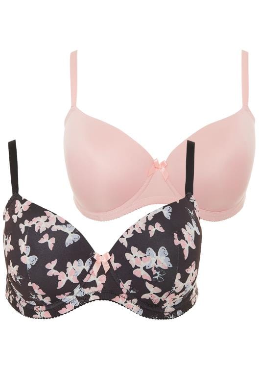 2 PACK Pink & Black Butterfly Print Moulded T-Shirt Bra 6