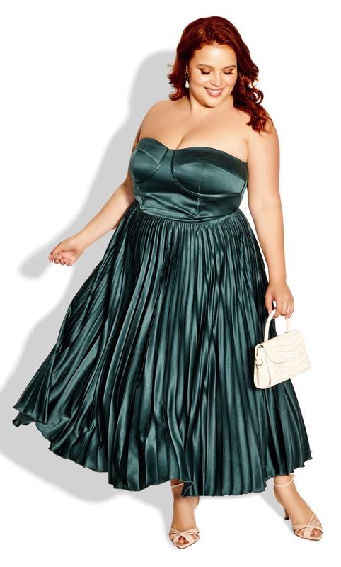  Grande Taille Evans Forest Green Satin Pleated Maxi Dress