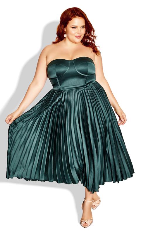 Evans Forest Green Satin Pleated Maxi Dress 2