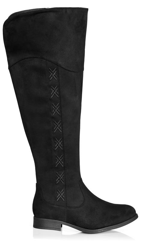 Evans EXTRA WIDE Black Embroided Knee High Boots 2