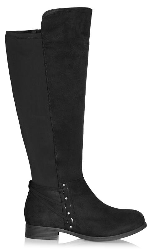 Evans WIDE FIT Black Strapping & Hoop Knee High Boots 2