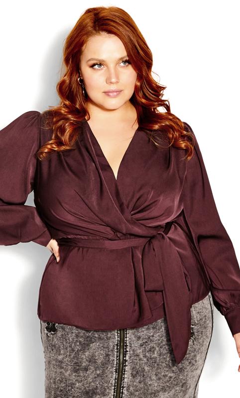 Plus Size  Evans Burgundy Red Long Sleeve Wrap Top