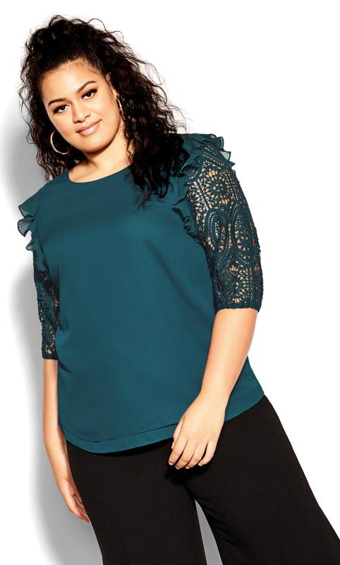 Plus Size  City Chic Teal Green Lace Sleeve Top