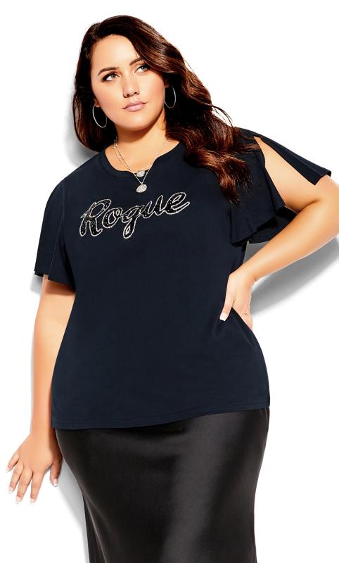 Evans Navy Blue 'Rogue' Sparkle Slogan T-Shirt 1