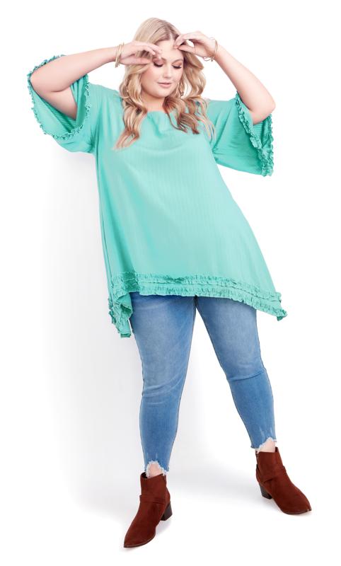 Evans Turquoise Blue Frill Sleeve Oversized Top 1