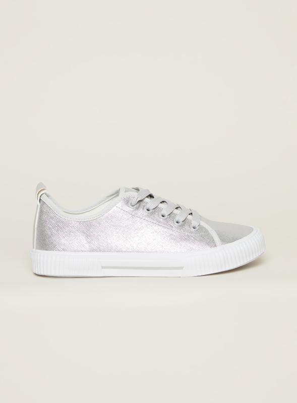 Metallic Lace Up Trainer Silver | Evans