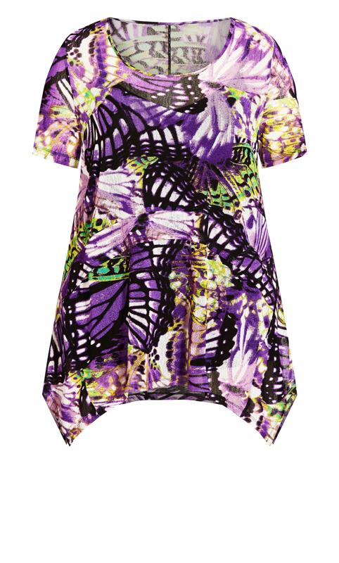 Evans Purple Buttefly Print Hanky Hem T-Shirt 5