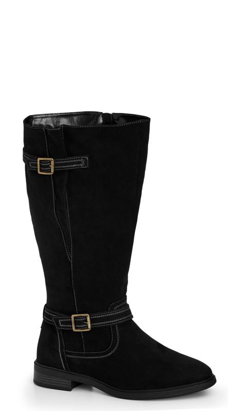 Plus Size  Evans Black Faux Suede Buckle Detail Knee High Heeled Boots