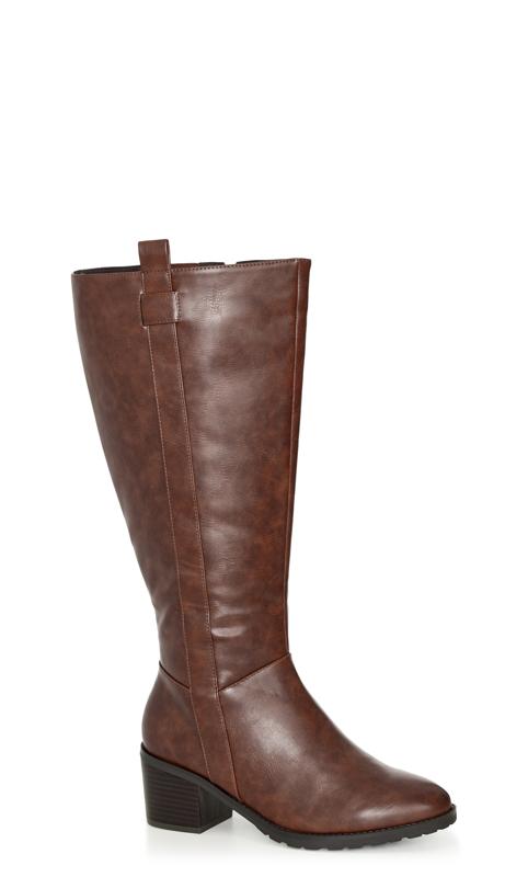 Plus Size  Evans Brown Faux Leather Heeled Knee High Boots