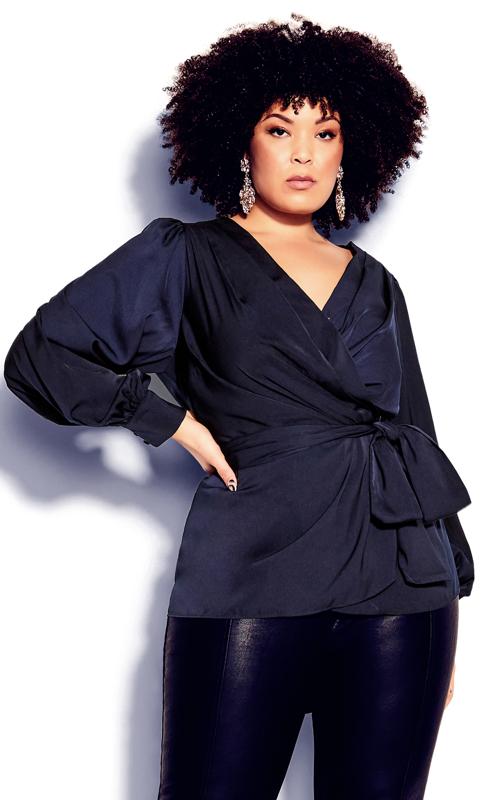Plus Size  City Chic Navy Satin Long Sleeve Wrap Top